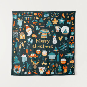 Tapete De Parede Elementos de Natal e Ano Novo desenhados à mão.