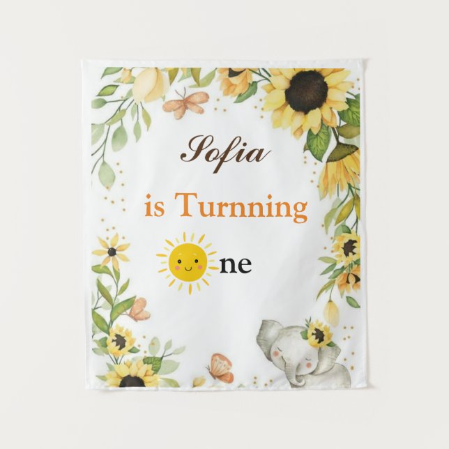 Tapete De Parede Elephant and Sunflower Animal First Birthday (Frente)