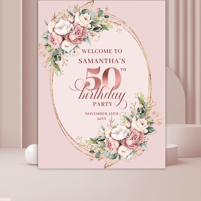 Tapete De Parede Enrubescido Gracioso de Flora e Folhagens Fundo de (Graceful Blush Floral Greenery 50th Birthday Backdrop)