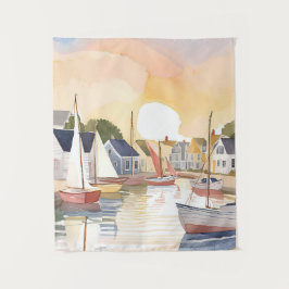Tapete De Parede Enseada de Barcos | Pintura em Aquarela de Oceano 