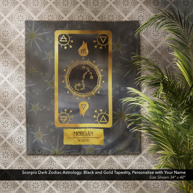 Tapete De Parede Escorpião Escuro Astrologia Zodiaca: Nome Dourado  (Scorpio Dark Zodiac Astrology: Black and Gold Tapestry, Personalized with Your Name.)