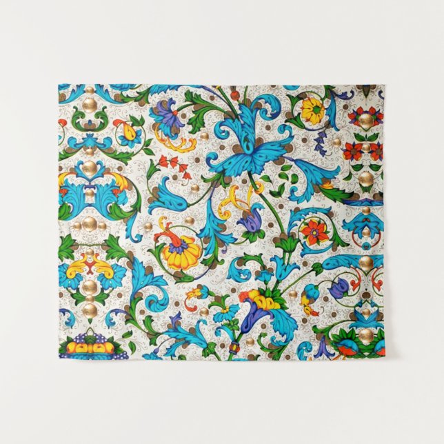 Tapete De Parede ESPIrais FLORAIS AZUIS DA RENASCENÇA FLORENTINA, F (Frente (Horizontal))