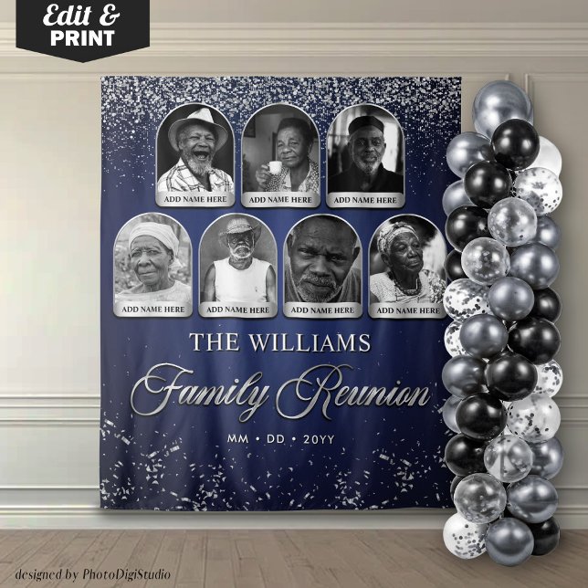 Tapete De Parede Estandarte Personalizado de Reunião de Família, 7  (Custom Family Reunion Banner, 7 Photo Blue Silver Tapestry)
