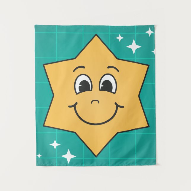 Tapete De Parede Estrela amarela azul sorridente design natal crian (Frente)