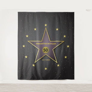 Tapete De Parede Estrela de Fama Aniversário Fundo Faixa Dourado Pr