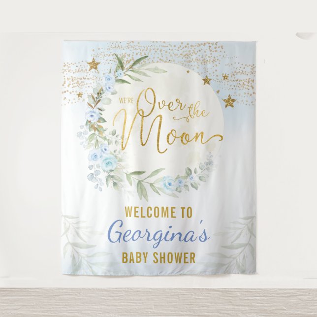 Tapete De Parede Estrelas Azuis Mágicas da Lua para Menino Bem-vind (Frente)