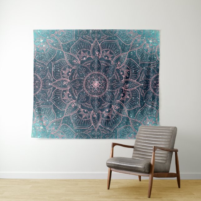 Tapete De Parede Estrelas da Nebulosa Azul de Mandala - Rosa Dourad (In Situ (Horizontal))