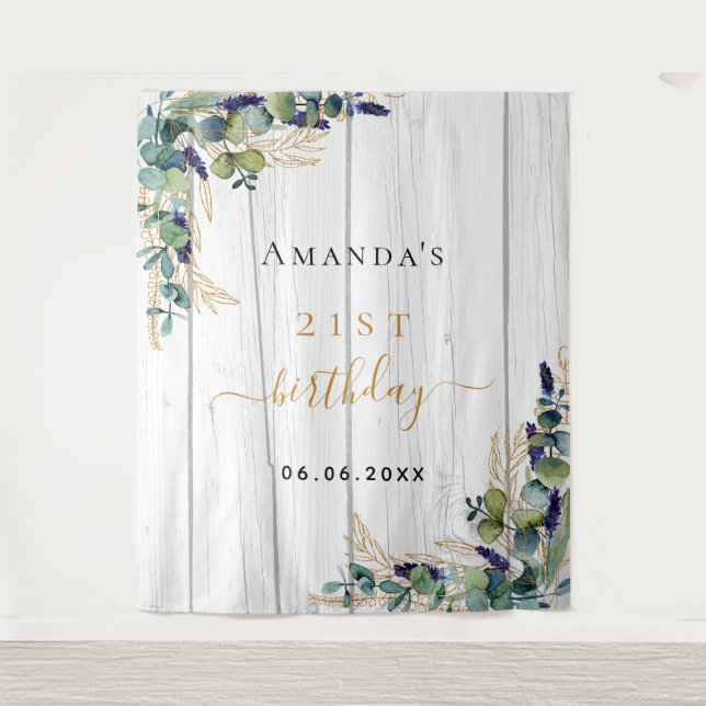 Tapete De Parede Eucalipto verde de aniversário madeira nome rústic (Frente)