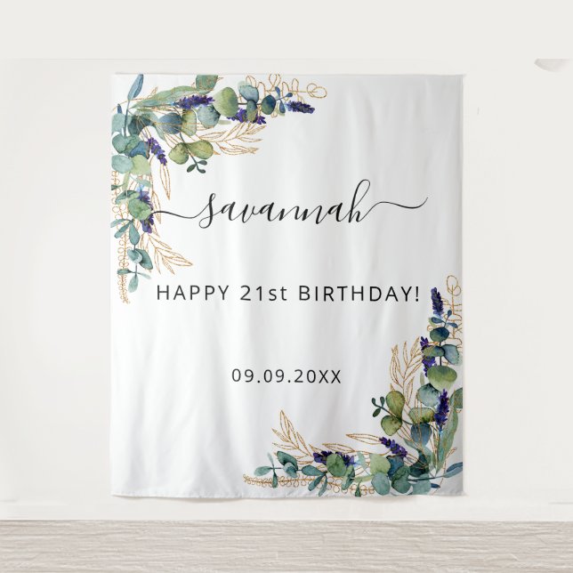 Tapete De Parede Eucalipto verde para aniversário monograma dourado (Frente)