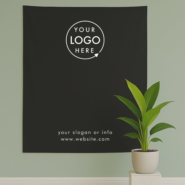 Tapete De Parede Evento Empresarial | Fundo Preto para Foto com Seu (Sleek black company branded backdrop tapestry fabric drape signage for small business promotion.)