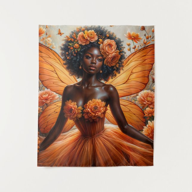 Tapete De Parede Fairy With Dark Skin In Orange Floral (Frente)