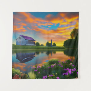 Tapete De Parede Farmhouse Purple Telhado Pond em Sunrise