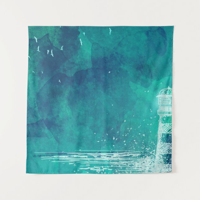 Tapete De Parede Farol e gaivotas - Cena Oceânica de Aquarela (Frente)