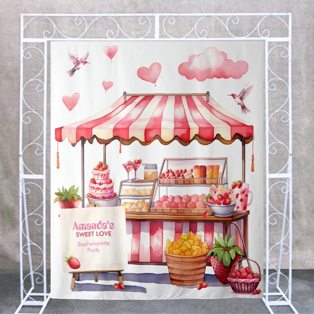 Tapete De Parede Feira de Morango com Palavra-Fundo do Partido Phot (Country Strawberry market fair stand bachelorette bridal shower name wall backdrop photobooth pink)