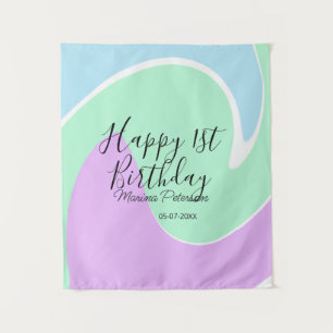 Tapete De Parede Feliz 1º aniversário rosa verde azul acrílico derr