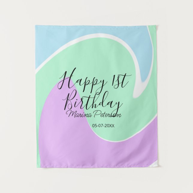 Tapete De Parede Feliz 1º aniversário rosa verde azul acrílico derr (Frente)