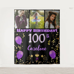 Tapete De Parede Feliz 100º Aniversário, Roxo Glitter e 3 fotos