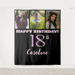 Tapete De Parede Feliz 18ª Festa de aniversário, brilho rosa e 3 fo