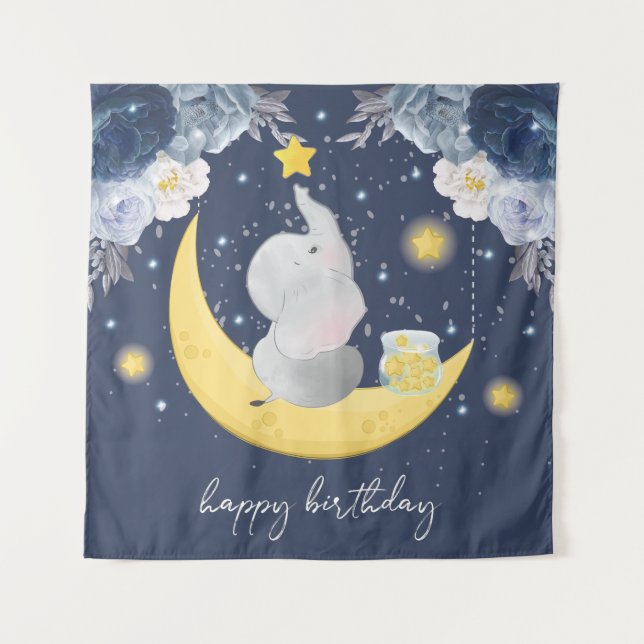 Tapete De Parede Feliz Aniversário Bebê Elefante na Lua (Frente)