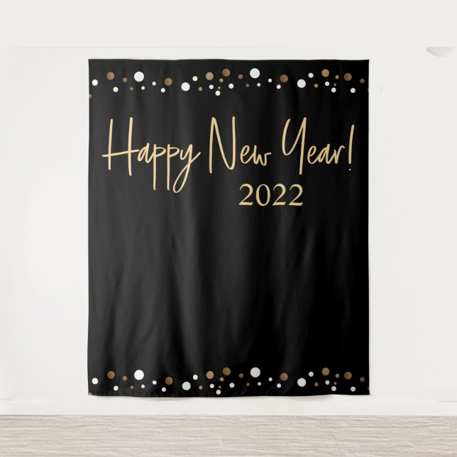 Tapete De Parede Feliz Ano Novo 2022 Script Preto Dourado Confete (Frente)