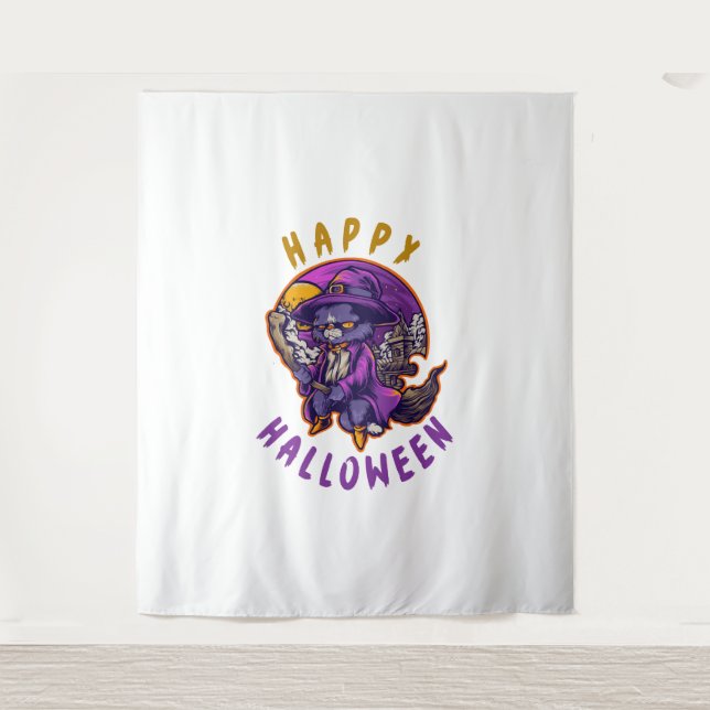 Tapete De Parede Feliz Gato de Bruxas de Halloween (Frente)