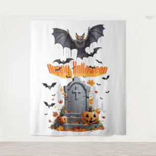 Tapete De Parede Feliz Halloween Cabeça de Pedra e Morcegos Vampiro