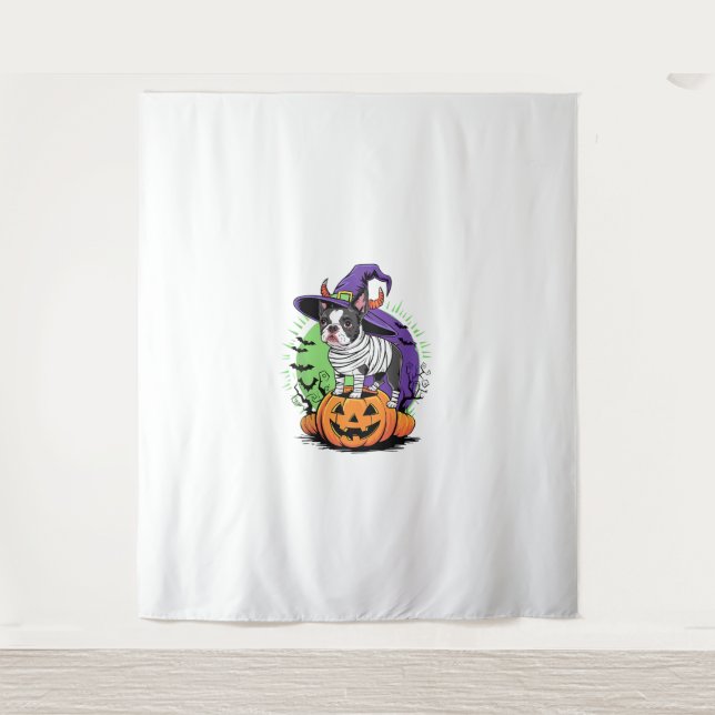 Tapete De Parede Feliz Halloween com Boston Terrier Mummy & Witch (Frente)