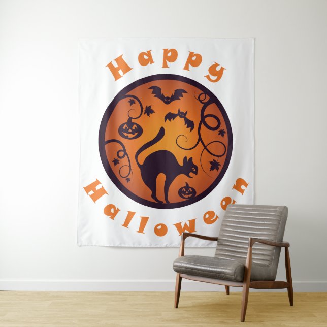 Tapete De Parede Feliz lanterna do Halloween aranhas e morcegos neg (In Situ)