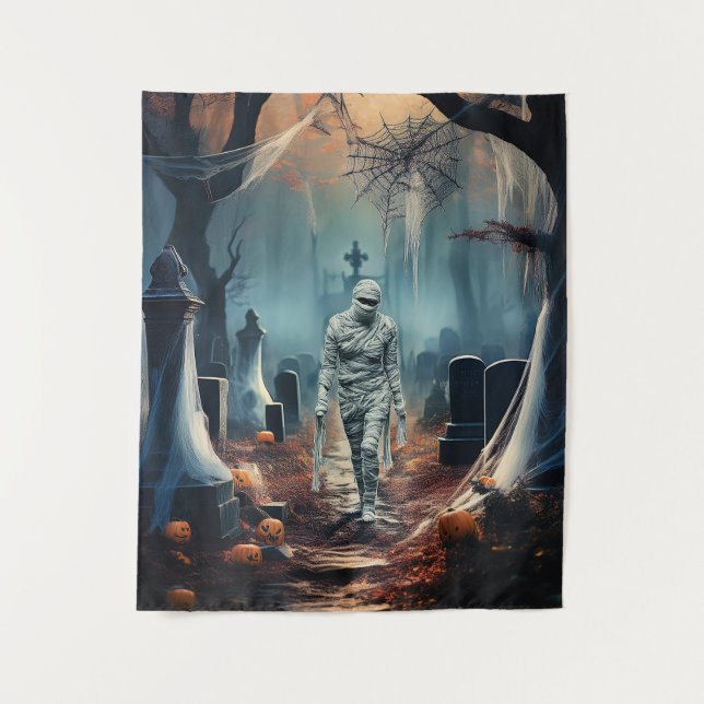 Tapete De Parede Feliz múmia de Halloween em um cemitério (Frente)