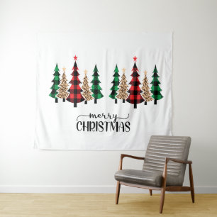 Tapete De Parede Feliz Natal Árvores Xadrez Vermelho Verde