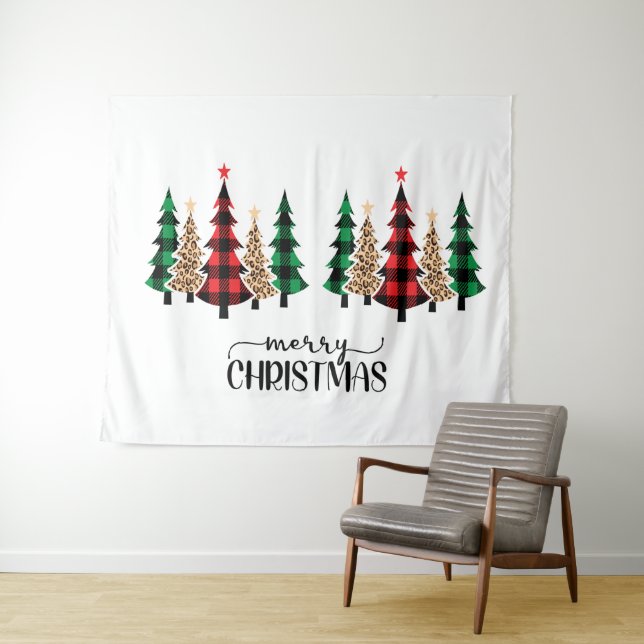 Tapete De Parede Feliz Natal Árvores Xadrez Vermelho Verde (In Situ (Horizontal))
