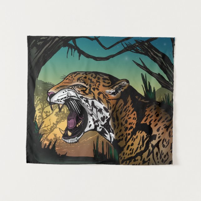 Tapete De Parede Feroz Jaguar Rosnando na Selva (Frente (Horizontal))