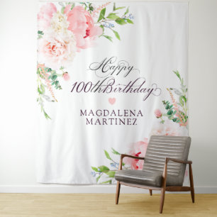 Tapete De Parede Festa de 100 Anos Rosa Floral Personalizada