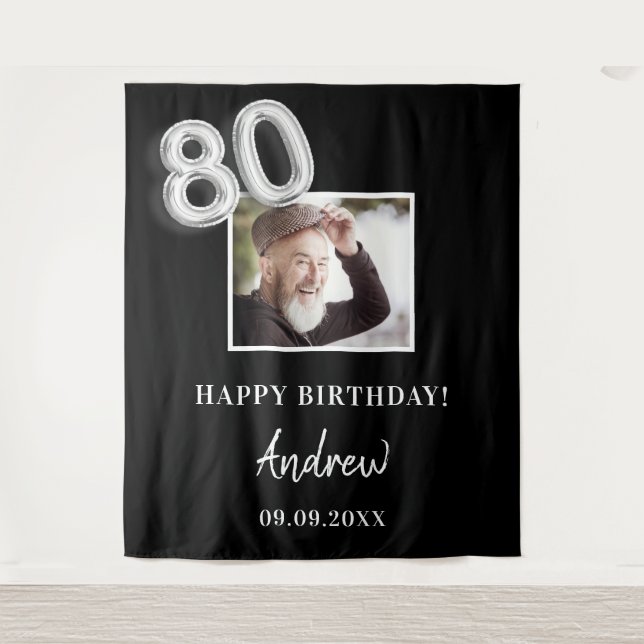 Tapete De Parede festa de 80 anos foto nome homem preto (Frente)