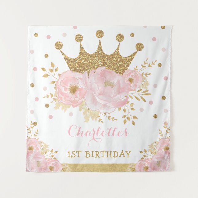 Tapete De Parede Festa de Aniversário da Princesa Coroa Real Rosa e (Frente)