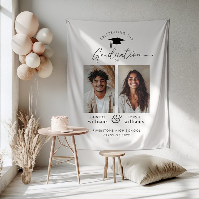 Tapete De Parede Festa de Formatura Conjunta Foto 2 Bem-vindo (Zazzle Joint Graduation Party 2 Photo Welcome Tapestry)