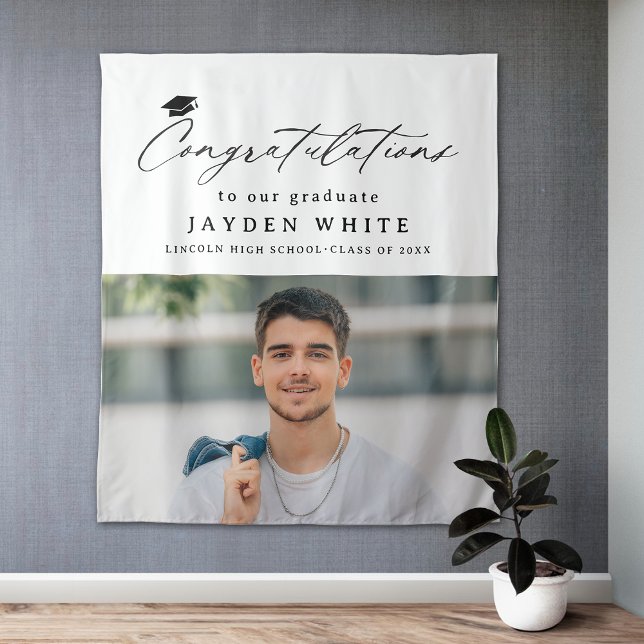 Tapete De Parede Festa de formatura de Fotografias Simples por Cali (Modern Calligraphy Simple Photo Graduation Party Tapestry)