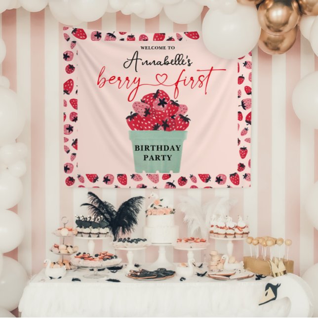 Tapete De Parede Festa de um ano Berry First Morango (Berry First Birthday Party Banner)