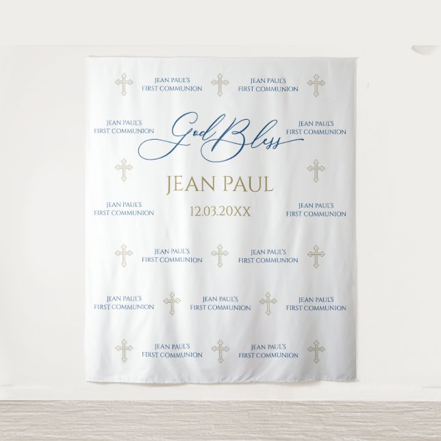 Tapete De Parede First Communion banner backdrop blue and gold (Frente)