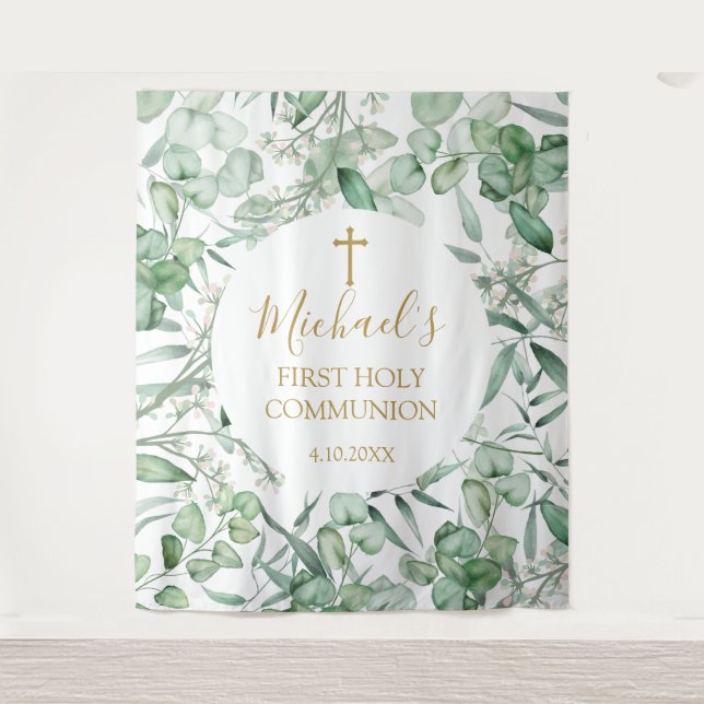 Tapete De Parede First Communion Eucalyptus greenery backdrop (Frente)