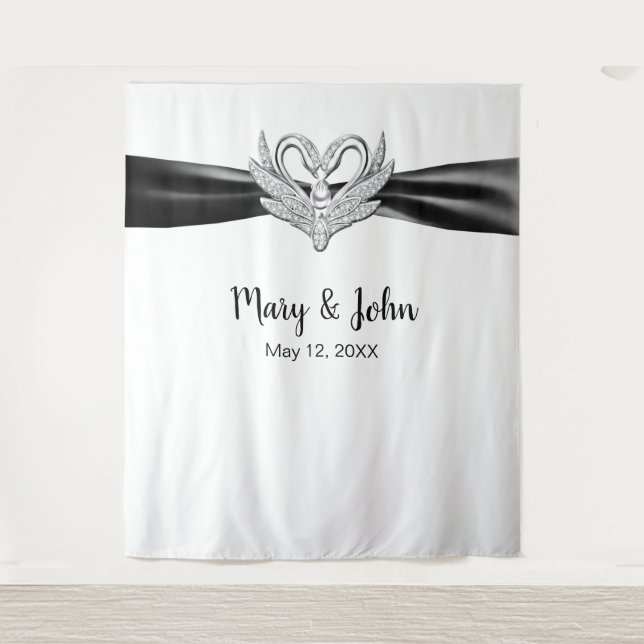 Tapete De Parede Fita Negra Prata Swans Fundo de Casamento (Frente)