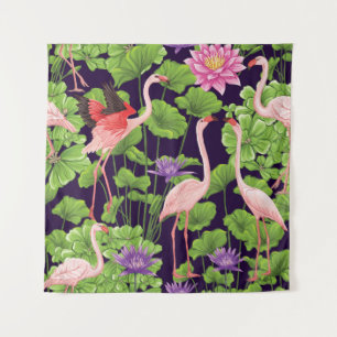 Tapete De Parede Flamingo, plantas tropicais, fundo negro.
