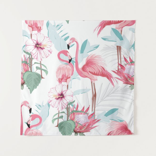 Tapete De Parede Flamingo rosa e flores exóticas, folhas de palma,  (Frente)