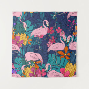 Tapete De Parede Flamingos sobre fundo de folhas tropicais e f