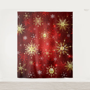 Tapete De Parede Flocos de neve do Ouro de Natal em Fundo Vermelho