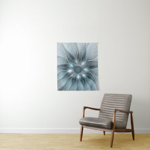Tapete De Parede Flor Abstrata Alegre Azul Cinza Floral Fractal