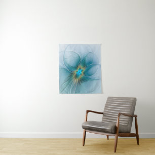 Tapete De Parede Flor de Arte Fractal Dourada e Azul Moderno
