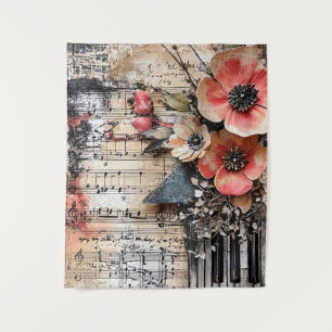 Tapete De Parede Floral com Chaves de Piano Russas e Música Vencida