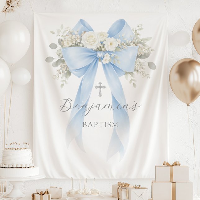 Tapete De Parede  Floral Eucalyptus Blue Bow Baby Boy Baptism (Criador carregado)