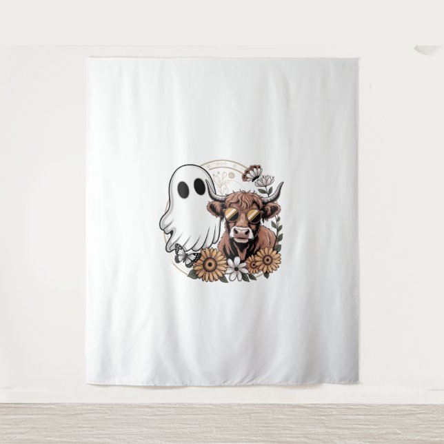 Tapete De Parede Floral Fall Highland Cow Ghost (Frente)